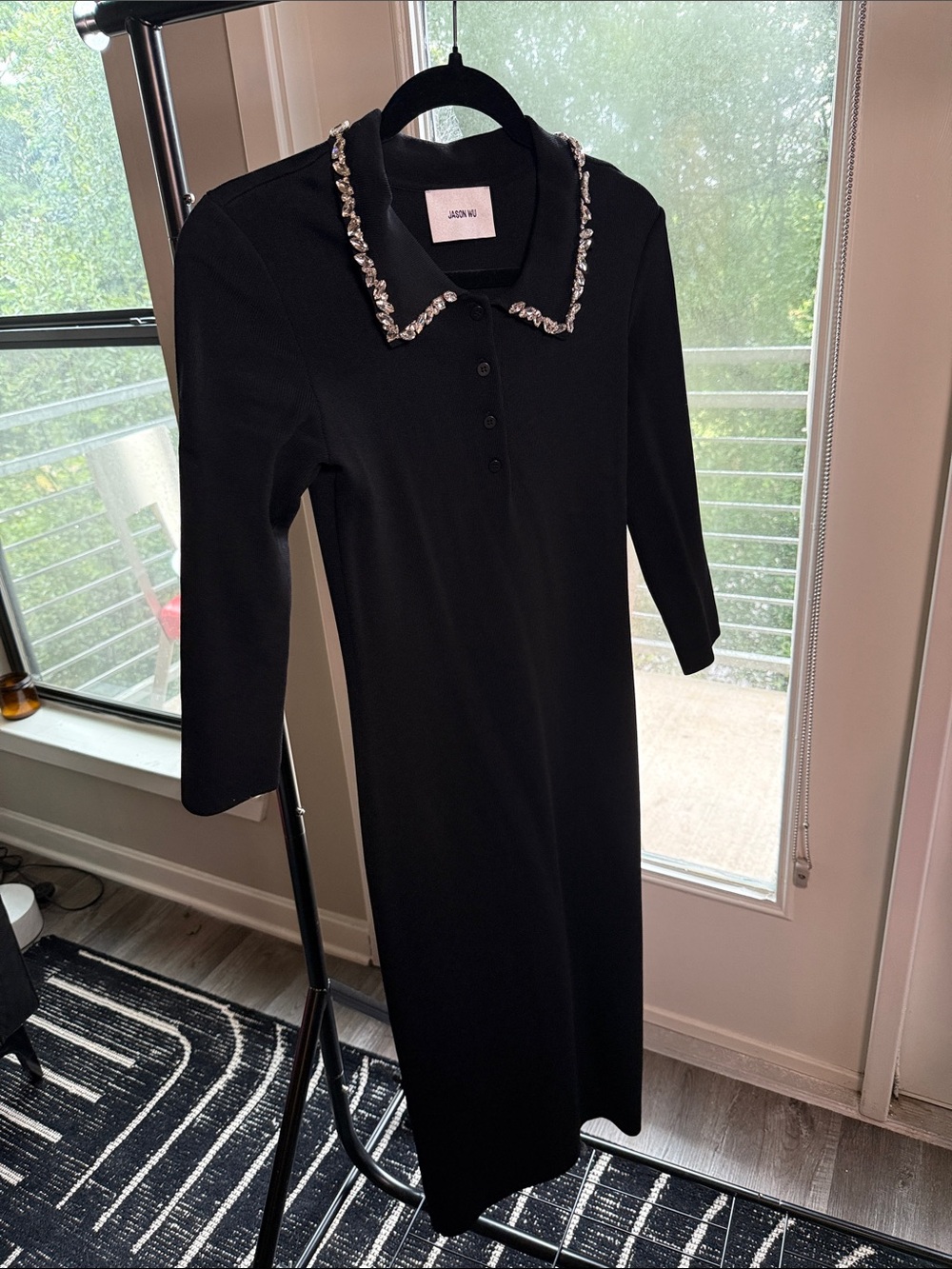 Jason Wu Black Midi Polo Dress with Jeweled Collar